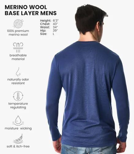 Vista 2 de Camisas 100% de lana merino para hombre - Camisa térmica de manga larga .190 Azul oscuro