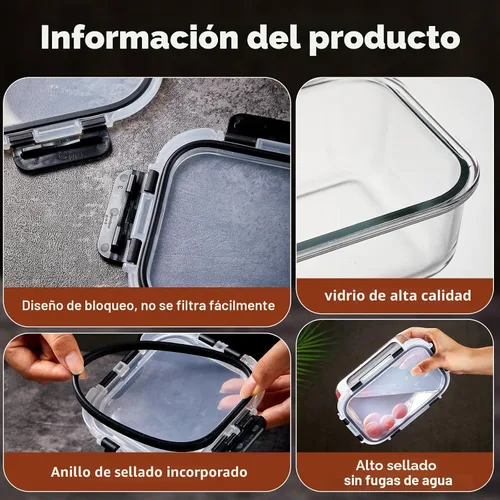 Vista 4 de Paquete de 8 recipientes de vidrio para comida preparada con tapas, juego de almacenamiento de alimentos extra grueso hermético