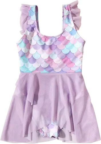 Vista 4 de Traje de baño de una pieza para niñas, con mangas con volantes, de sirena, vestido de tul