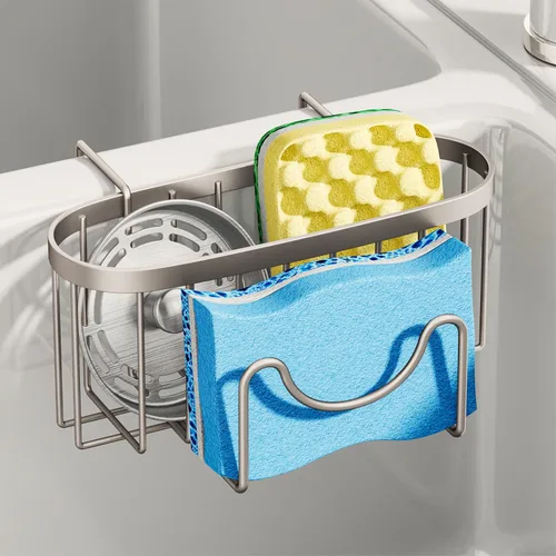 Vista 10 de SWTYMIKI Soporte de esponja para fregadero de cocina, organizador móvil para fregadero de cocina con gancho en forma de M, esponjas colgantes