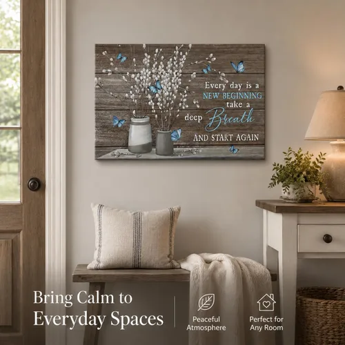 Vista 3 de Arte de pared de lienzo para baño estilo granja, vintage, rústico, país, flor, mariposa azul, pintura, imagen, decoración de pared, Cada día es un