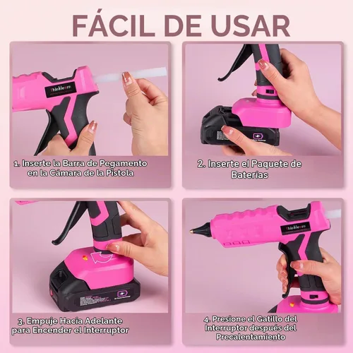 Vista 6 de Pistola de pegamento caliente, pistola de pegamento inalámbrica rosa de 20 V con 30 barras de pegamento de tamaño completo, kit de pistola