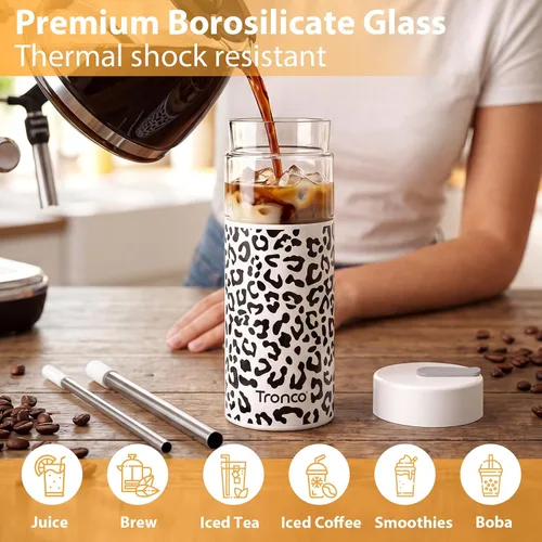 Vista 7 de Tronco Vaso de vidrio de 24 onzas con tapa y popote, taza de café helado, taza de batido con tapa de silicona para té Boba, hogar, oficina, viajes