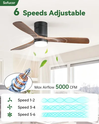Vista 5 de Sofucor 52 Inch Smart Wood Low Profile Ceiling Fan with Light, Flush Mount