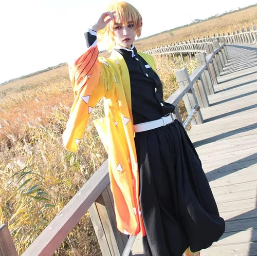 Vista 6 de Buyoem Zenitsu - Disfraz de cosplay para niños y adultos, kimono de anime para Halloween, cosplay, capa tipo kimono con aretes para peluca