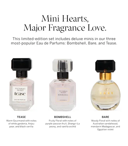 Vista 3 de Victoria's Secret Mini trío de fragancias de lujo, conjunto de regalo de Eau de Parfume para mujer, incluye perfumes Bombshell, Bare y Tease