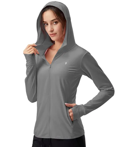 Vista 19 de Soothfeel Chaqueta con capucha y protección solar UPF 50+ para mujer, ligera, de manga larga, con bolsillo, para senderismo al aire libre d-celeste