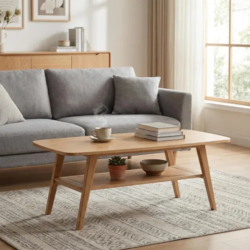 Vista 9 de Mesa de centro de madera maciza, moderna mesa de centro de madera con estante de almacenamiento para sala de estar, apartamento y oficina