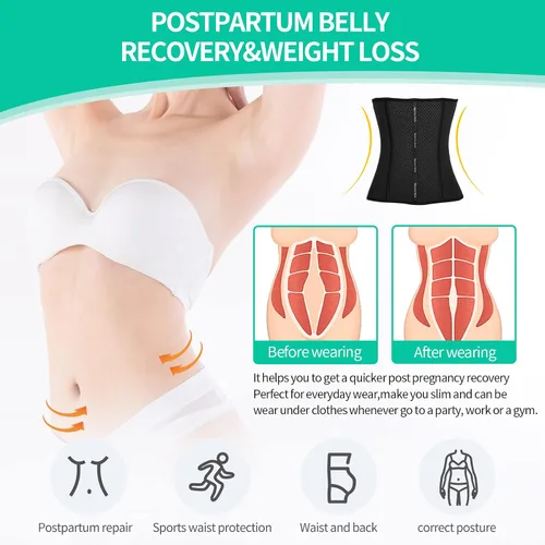 Vista 3 de Yeerovan Entrenador de cintura de látex para mujer, torso largo debajo del busto, faja deportiva para mujer, Negro