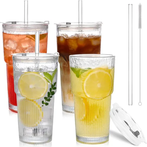 Vista 9 de Tazas de vidrio de 20oz con tapas y pitillos, 2 piezas de tazas de vidrio con tapas y pitillos, tazas de café helado con tapa, vasos para jugo