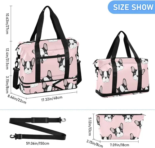 Vista 2 de Bolsa de viaje deportiva de bulldog francés para mujeres y hombres, bolsa de gimnasio con compartimento para zapatos, bolsillo húmedo, bolsas