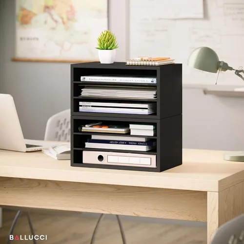 Vista 5 de Organizador de papel Ballucci, organizador de escritorio de madera apilable de 3 niveles, organizador de archivos de documentos y clasificador
