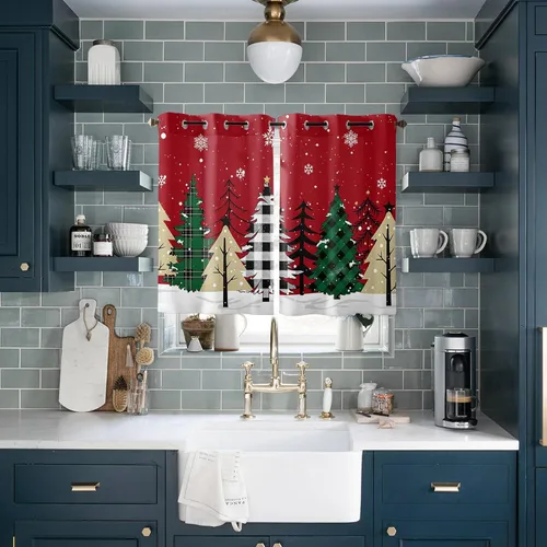 Vista 13 de Libaoge Cortinas de Navidad para cocina, dormitorio, juego de 2 paneles, diseño de muñeco de nieve de Navidad, cortinas de invierno con copos