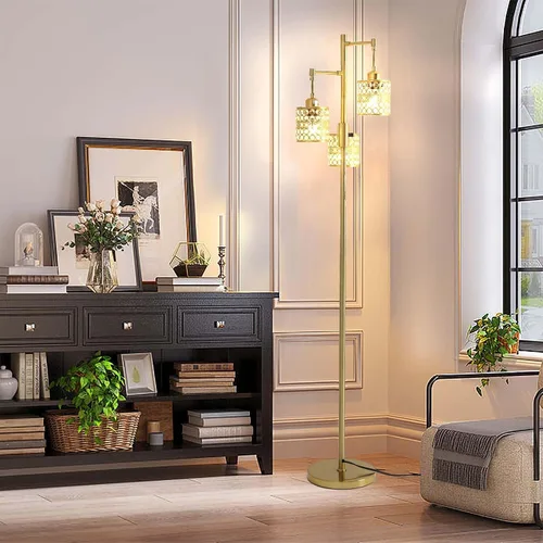 Vista 6 de Lámpara de pie industrial, lámpara de pie regulable, lámpara de árbol dorado, lámpara de pie con 3 elegantes pantallas de cristal para sala