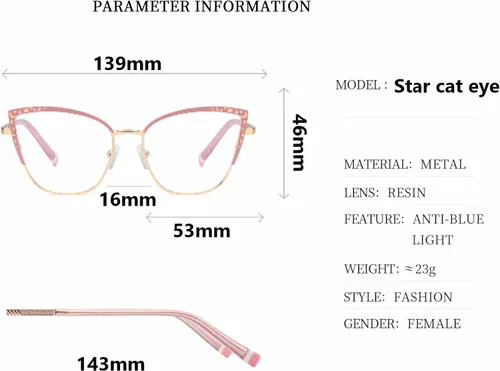 Vista 5 de Gafas de luz azul para mujer, gafas de computadora, anteojos de lectura, gafas de ojo de gato, marco de metal