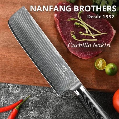 Vista 2 de NANFANG BROTHERS Cuchillo Damasco Nakiri, cuchillo de cocina profesional de 7 pulgadas con mango ergonómico de madera antideslizante, japonés