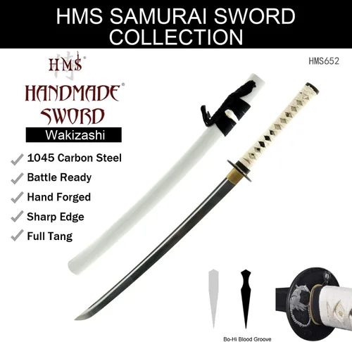 Vista 8 de HMS Espada samurai wakizashi japonesa, Warrior Tsuba, acero al carbono 1045, forjado a mano templado por calor, espiga completa, afilada