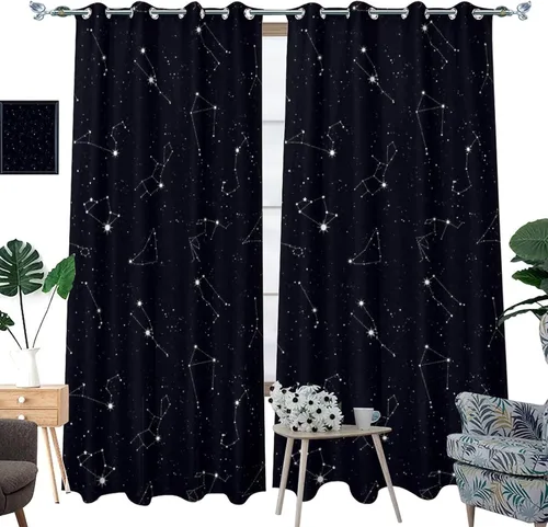 Vista 3 de Cortinas opacas de constelación para sala de estar, arte moderno abstracto, negro, galaxia, blanco, patrón de símbolo de constelación