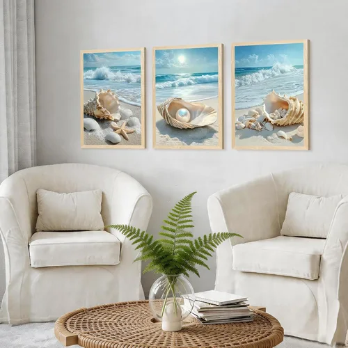 Vista 3 de SYWENNOI 3 piezas de arte de pared de playa con marco de madera, juego de 3 impresiones costeras, conchas marinas, estrellas de mar, olas, orilla