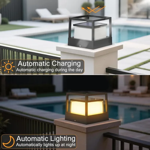 Vista 4 de Luces de poste solares al aire libre, lámpara de poste solar de 6.3" de crepúsculo al amanecer, luces de pilar impermeables Ip65, 3000k, aluminio