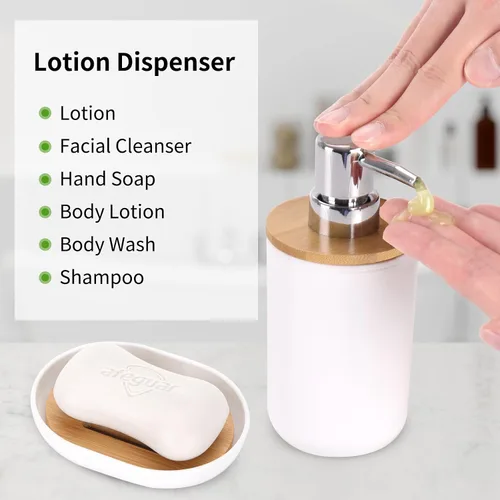Vista 4 de Fixwal Accesorios de baño de bambú, juego de accesorios de baño de 8 piezas con basura, soporte para cepillo de dientes, dispensador de jabón