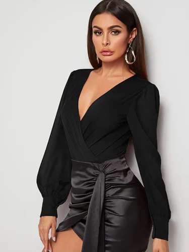 Vista 4 de SOLY HUX Body de manga larga con cuello en V para mujer, Negro