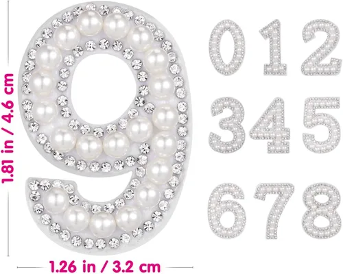 Vista 5 de EXCEART 10 parches de números para planchar del 0 al 9, apliques digitales de diamantes de imitación de perlas para decoración de ropa de bricolaje