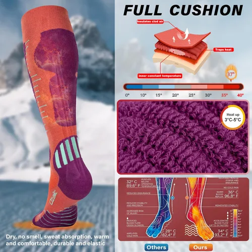 Vista 6 de Calcetines de esquí de lana merino para hombre y mujer, 2 pares para esquí, snowboard, térmicos hasta la rodilla, calcetines de rendimiento