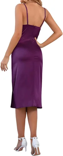 Vista 2 de LYANER - vestido de satén, para mujer, sin mangas, a media pierna con cuello drapeado, holgado y tirantes delgados, estilo camisola, con abertura
