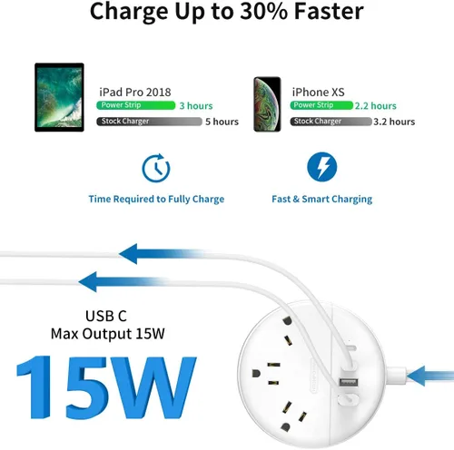 Vista 5 de NTONPOWER - Cable de extensión plano de 25 pies, regleta de alimentación de enchufe plano con 3 tomas, 4 puertos USB (2 USB C), cable de extensión