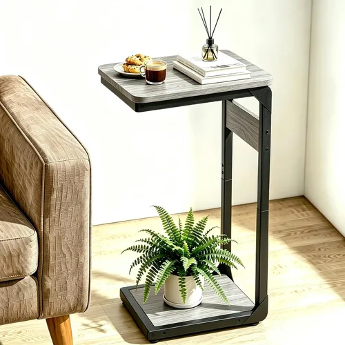 Vista 10 de Mesa auxiliar pequeña con pedestal de madera para sofá, mesa auxiliar en forma de C, bandejas de TV para comer, bebidas de café, cena, comida