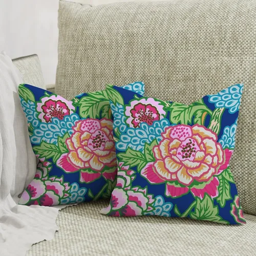 Vista 6 de Juego de 2 almohadas coloridas de estilo chinoiserie, color rosa intenso, azul real, peonía, floral, blanco, lino, estilo chinoiserie, para sofá