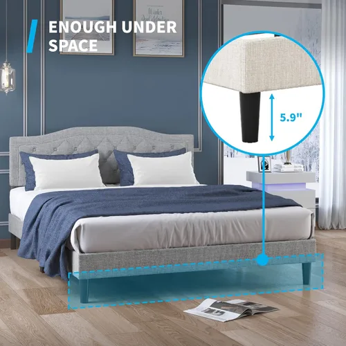 Vista 4 de Mjkone Base de cama tamaño King con cabecera ajustable, marco de cama tapizado con diseño capitoné con botones, no necesita somier, base de cama