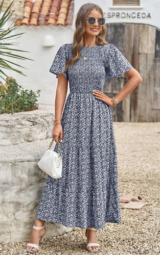 Vista 9 de PRETTYGARDEN Vestido largo casual de verano para mujer, de manga corta, bohemio, floral, cuello redondo, fruncido y escalonado