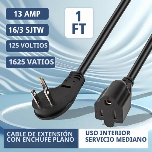 Vista 7 de Cable de extensión corto de 1875W, cable de alimentación de perfil bajo de 15A 16AWG de alta resistencia con enchufe plano de 3 puntas, cable