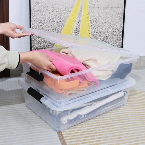 Vista 6 de Cajas de almacenamiento de plástico de 25 cuartos de galón debajo de la cama, contenedor de almacenamiento con ruedas, paquete de 3, transparente