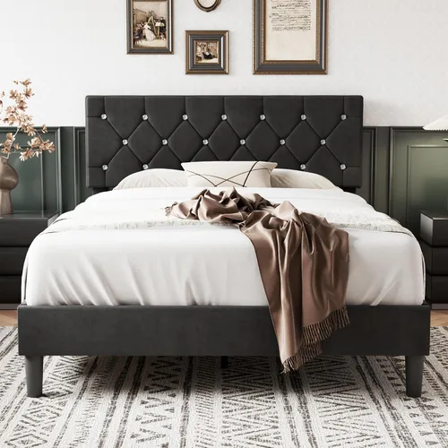 Vista 32 de VECELO Base de cama tamaño individual con plataforma tapizada con cabecera ajustable de botones de diamante, soporte de listones de madera,