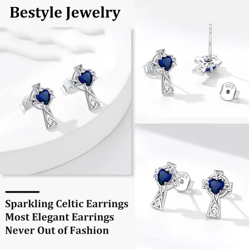 Vista 3 de Bestyle Vintage 925 Sterling Silver Celtic CrossTriquetra Necklace with 12 Month Heart Gemstone, Dainty Heart Birthstone Necklace Faith Irish Amulet