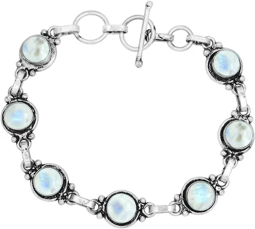 Vista 49 de Round Shape Natural & Synthetic Gemstones Silver Plated Bracelets for Women - Vintage Bohemian Style Handmade Birthstone Adjustable Link Bracelet