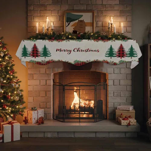 Vista 4 de Bufanda para chimenea con árbol de Navidad, 90 x 17 pulgadas, guirnalda de Navidad a cuadros rojos, cubierta de mantel de lino vintage, protector