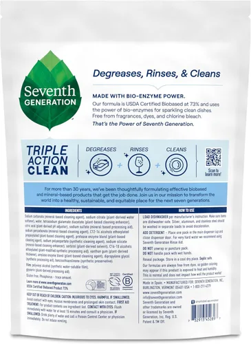Vista 2 de Seventh Generation Paquetes de detergente para lavavajillas de triple acción limpiadora automática con poder de bio-enzima, libre y transparente