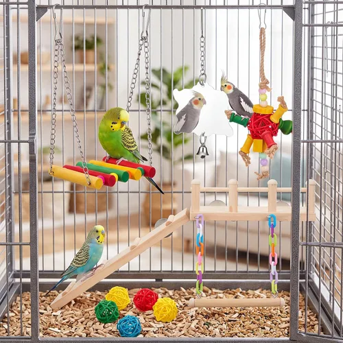 Vista 4 de 14 piezas de periquito cacatúa pájaro juguete con plataforma