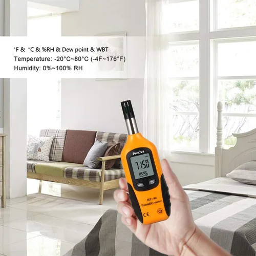 Vista 5 de Preciva Termohigrómetro digital psicómetro, mini medidor LCD de temperatura y humedad con punto de rocío y temperatura de bombilla húmeda