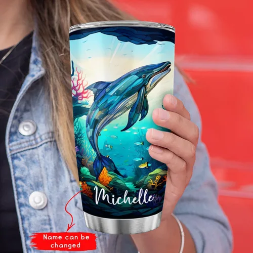 Vista 3 de Vaso de ballena azul con tapa, taza de viaje de acero inoxidable de 20 onzas, vasos personalizados de ballena, regalos temáticos del océano azul