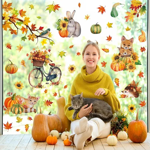 Vista 2 de 68 calcomanías de otoño para ventana, de doble cara, hojas de arce de otoño, calabaza, calcomanías para ventana, calcomanías para el hogar, oficina