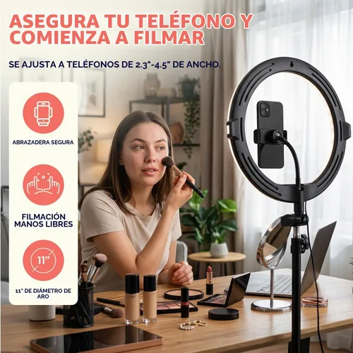Vista 4 de SQUATZ Anillo de luz LED de 11 pulgadas para selfie de 12 W con control por cable, 3 modos de color, 10 niveles de brillo, soporte de trípode con 6