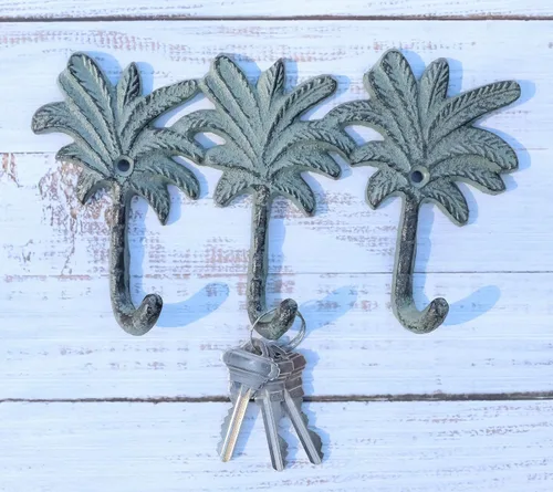 Vista 8 de Ebros Gift Paquete de 2 figuras de hierro fundido Verdigris Tropical Paradise Beach, 3 palmeras de coco, 3 clavijas, ganchos de pared triples
