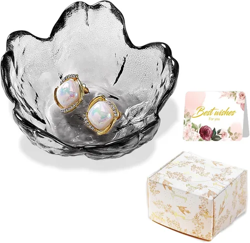 Vista 17 de Regalos para mujeres, plato para baratijas con flores, plato para joyería de vidrio rosa, soporte para anillos, bandeja de joyería, decoración