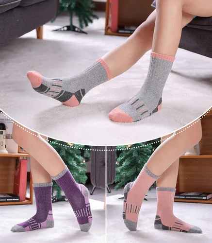 Vista 5 de LINEMIN Calcetines de senderismo de lana merino para niños y niñas, cálidos, gruesos, térmicos, acolchados, para invierno, 6 pares
