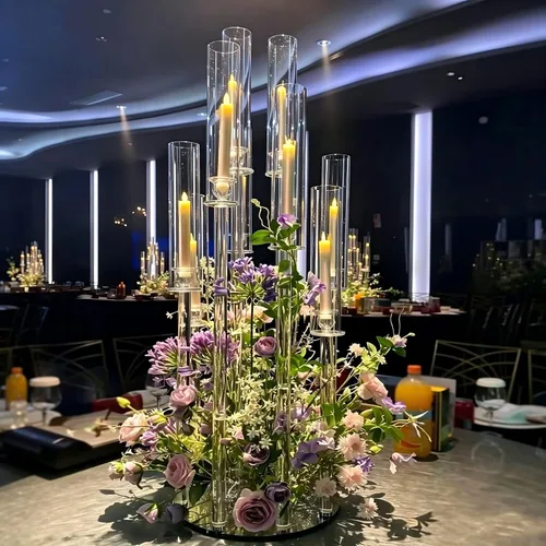 Vista 10 de Portavelas transparentes de 8 brazos para decoración de boda, candelabro alto de acrílico con pantalla para eventos del día de San Valentín, fiesta